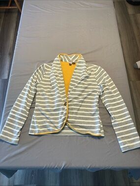 love on a hanger Gray and White Striped Blazer with Yellow Trim
